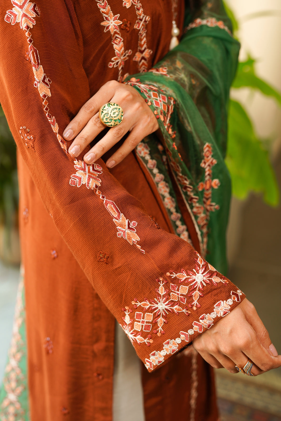 green emerald velvet dress Green color hand embroidered long dress with belt and Maroon dupatta – CNP  Associates LLC main image 0